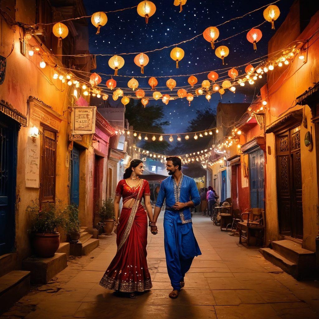 A romantic evening scene in Rajasthan, featuring a lively street filled with colorful lights and traditional Rajasthani decorations. A couple is dancing closely under a canopy of twinkling stars, surrounded by lanterns and local musicians playing traditional instruments. Sensuous colors of red, gold, and deep blues enhance the atmosphere of seduction and joy. Capture the essence of a vibrant and intimate nightlife. super-realistic. vibrant colors. 3D.
