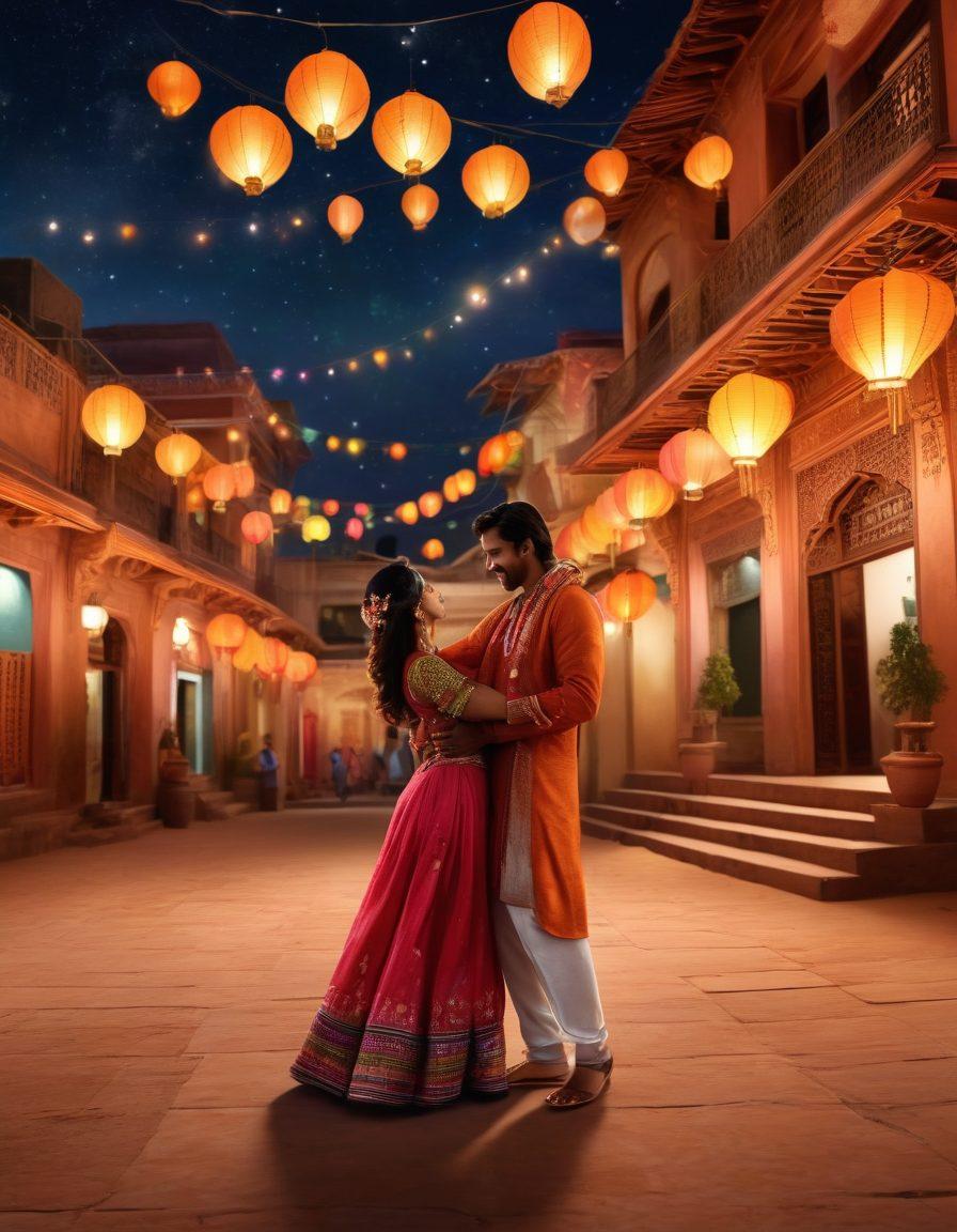 A vibrant night scene in Rajasthan featuring elegantly dressed couples dancing under colorful lanterns, with a backdrop of traditional palaces and a starry sky. Incorporate enticing spices and rich textiles to highlight the cultural essence, along with hints of playful intimacy in gestures. Create a sense of mystery and allure with soft lighting. super-realistic. vibrant colors. 3D.
