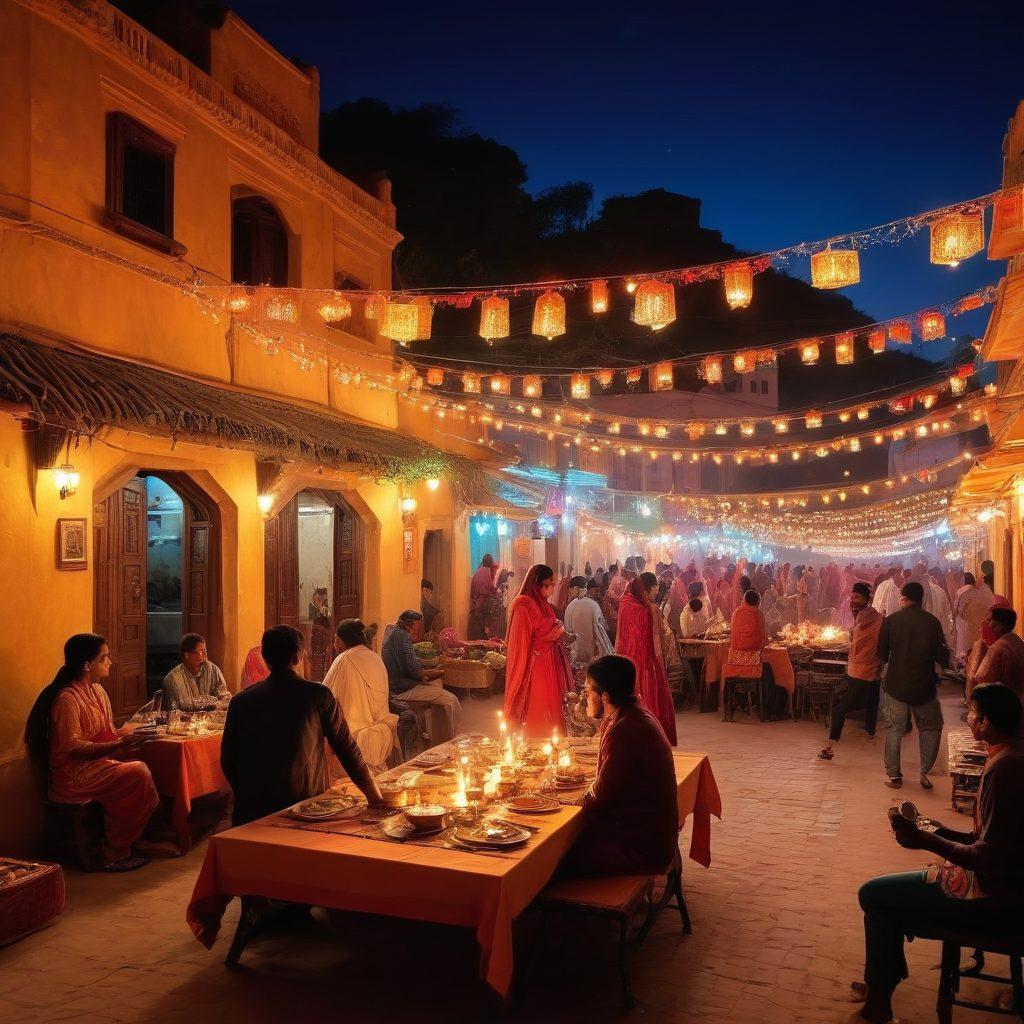 A vibrant night scene in Rajasthan, highlighting dynamic street markets filled with colorful lights, people dancing, and traditional music. Include an intimate outdoor dining setup with candles, depicting the romantic essence of dating in a lively atmosphere. Capture the rich culture with traditional Rajasthani attire and bustling nightlife energy. Use bright, bold colors to evoke excitement and warmth. super-realistic. vibrant colors. evening setting.